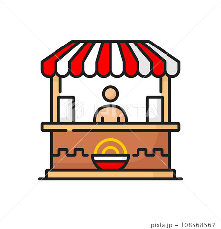 Fastfood shop with noodles, fry chinese pasta and ramen udon isolated line icon. Vector takeaway street food of dough, vendor and van cart 108568567