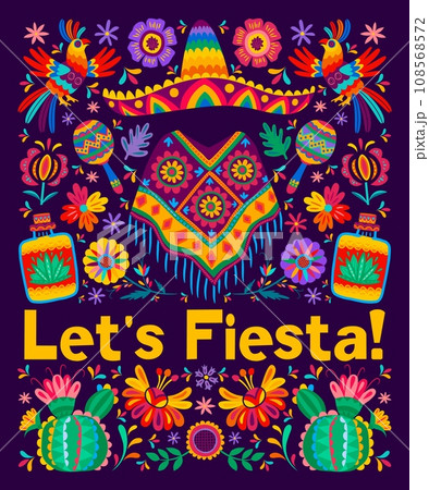 Mexican let us fiesta festival flyer. Latin America holiday, Cinco de Mayo carnival, fiesta party vector poster with ornamental birds and flowers, cactus, maracas, tequila and poncho, sombrero hat Mexican let us fiesta festival flyer. Latin America holiday, Cinco de Mayo carnival, fiesta party vector poster with ornamental birds and flowers, cactus, maracas, tequila and poncho, sombrero hat 108568572