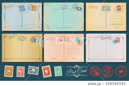 Valentine day antique postcards, retro postage stamps and vintage mail. Vector greeting card templates for celebration. Love mail postal service office. Marks with cupids hold bow and arrows, hearts Valentine day antique postcards, retro postage stamps and vintage mail. Vector greeting card templates for celebration. Love mail postal service office. Marks with cupids hold bow and arrows, hearts 108568591