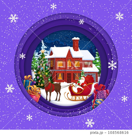 Christmas paper cut cartoon winter house, Santa on sleigh and holiday decorations. Vector 3d papercut art layered round frame with funny Father Noel sitting in deer sled front of cottage at xmas eve 108568616
