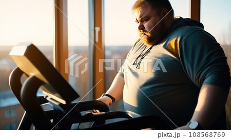 Overweight man runs on treadmill in gym with panoramic windows overlooking sunny city 108568769
