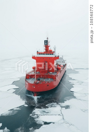 Icebreaker goes on the sea among the blue ice. 108568772