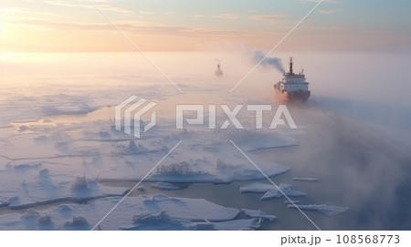 Icebreaker goes on the sea among the blue ice. 108568773