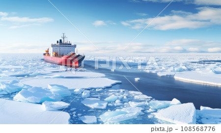 Icebreaker goes on the sea among the blue ice. 108568776