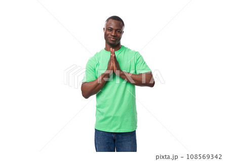 young american man in casual t-shirt thinking over white background 108569342