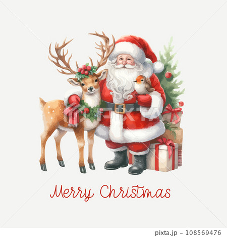 Cute watercolor christmas Santa Claus with deer,gift boxes and christmas tree. Christmas wishes calligraphy card. Template for New Year Card, Scrapbooking, Sticker, Planner, Invitation. 108569476