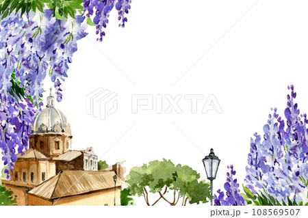 watercolor background with branch of wisteria blossom flowers and old European town, hand drawn illustration with spring lilac flowers, dome and tree, blue plant isolated on white background watercolor background with branch of wisteria blossom flowers and old European town, hand drawn illustration with spring lilac flowers, dome and tree, blue plant isolated on white background 108569507