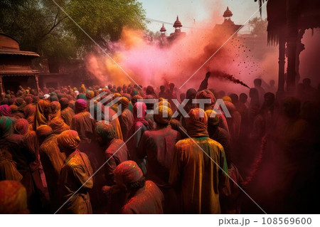 Crowd throws colored powder at the Festival of Colors. Generative AI 108569600
