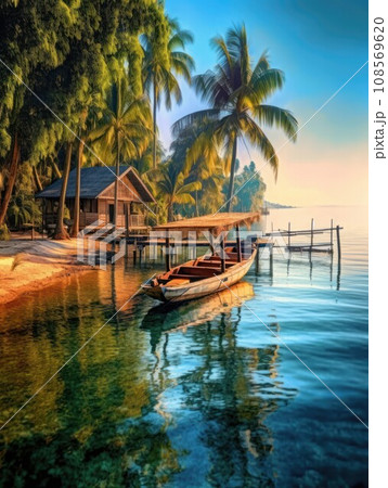 island with beautiful coconut trees and a small cottage on the beach. Generative AI 108569620