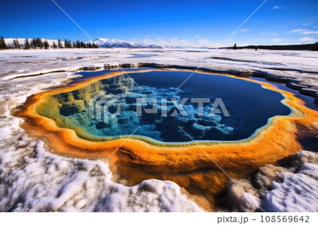 Grand Prismatic Spring in Yellowstone in winter time. Generative AI 108569642