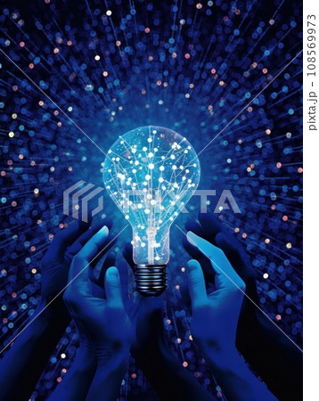 Glowing lightbulb with digital connections in hands. Generative AI 108569973