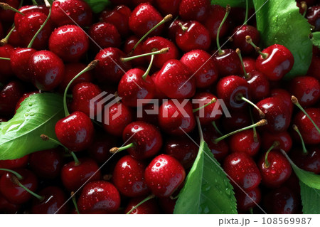 Fresh and ripe cherries with water droplets and green leaves. Generative AI Fresh and ripe cherries with water droplets and green leaves. Generative AI 108569987