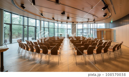 Modern conference room with large windows overlooking a forested area. Generative AI 108570038
