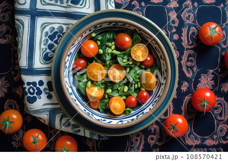 Colorful salad with cherry tomatoes and greens in patterned blue and white bowl. Generative AI 108570421