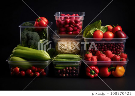 Fresh vegetables and fruits in transparent containers. Generative AI 108570423