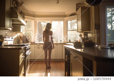 Young woman stands thoughtfully in nostalgic kitchen. Generative AI Young woman stands thoughtfully in nostalgic kitchen. Generative AI 108570444