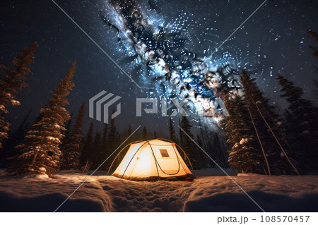 Camping tent under the night sky with stars and Milky Way in forest. Generative AI 108570457