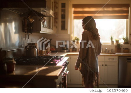 Young woman stands thoughtfully in nostalgic kitchen. Generative AI 108570460
