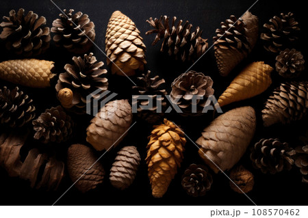 Pinecones on a dark background. Generative AI Pinecones on a dark background. Generative AI 108570462