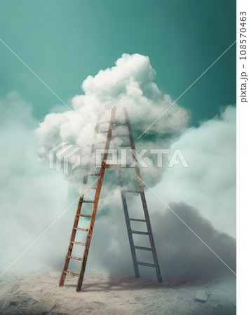 Ladder leading up sky toward the cloud. success concept. Generative AI Ladder leading up sky toward the cloud. success concept. Generative AI 108570463