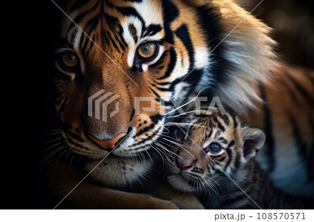 Tiger cub with its mother close up. Generative AI 108570571