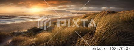 Sunset landscape with long grass, ocean and sand beach. Generative AI Sunset landscape with long grass, ocean and sand beach. Generative AI 108570588