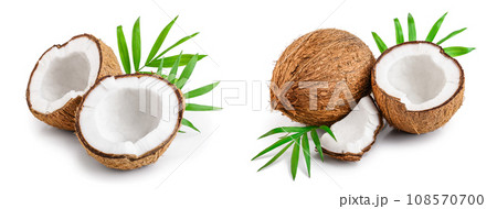 half of coconut with leaves isolated on white background 108570700