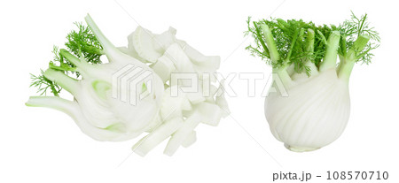 fresh fennel bulb half with slices isolated on white background with full depth of field. Top view. Flat lay 108570710