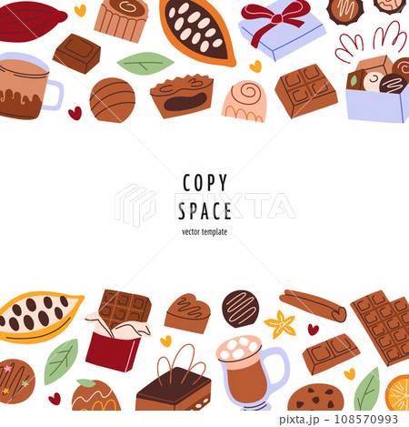 Greeting card for birthday, Christmas or Valentines banner, chocolates, candies and desserts composition, square template with copy space, vector arrangement with cocoa, truffles, poster graphic desig 108570993