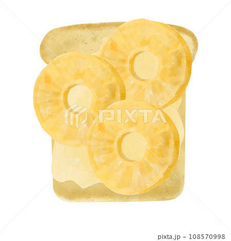 Toast with bruschetta and juicy pineapple, watercolor food illustration isolated on white background. Healthy sweet vegetarian breakfast Toast with bruschetta and juicy pineapple, watercolor food illustration isolated on white background. Healthy sweet vegetarian breakfast 108570998