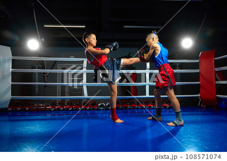 Confident two boys, kids, kickboxers, professional martial arts sportsmen performing kicks, fighting on ring at gym. 108571074