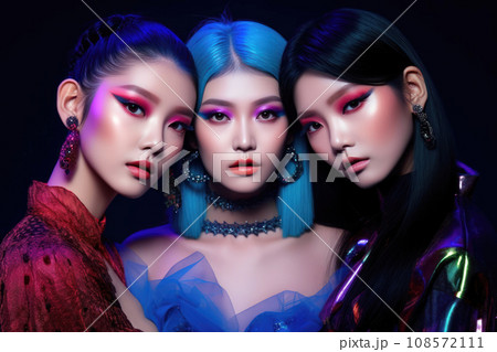 Three young asian women with colored hair. Generative AI 108572111