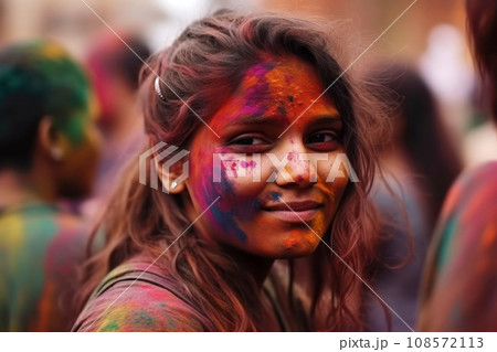 Pretty woman with colorful paint on face at holi festival. Generative AI 108572113