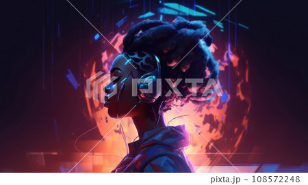 Futuristic woman with headphones and digital patterns listening to music. Generative AI 108572248