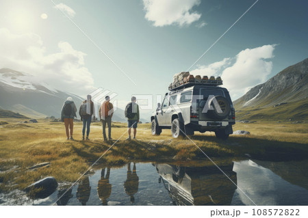 Group of best friends on top of the mountain enjoy the beautiful view. Group of best friends on top of the mountain enjoy the beautiful view. 108572822