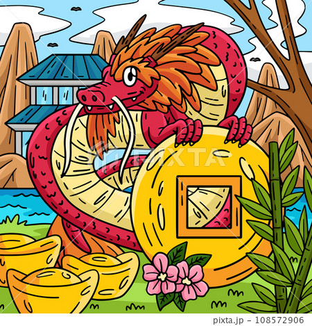 Year of the Dragon Holding Coin Colored Cartoon  108572906