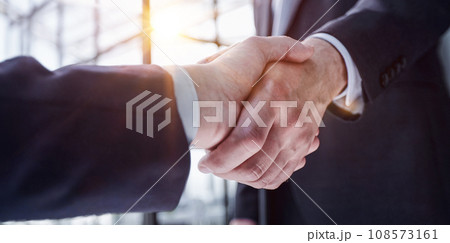 executives shaking hands in front of their manager and a colleague executives shaking hands in front of their manager and a colleague 108573161