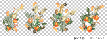 Christmas collection with levitation tangerines, sweets, spices, champagne and plants. Watercolor illustration, hand drawn for holiday decor. Set of Isolated compositions on a white background. Christmas collection with levitation tangerines, sweets, spices, champagne and plants. Watercolor illustration, hand drawn for holiday decor. Set of Isolated compositions on a white background. 108573724