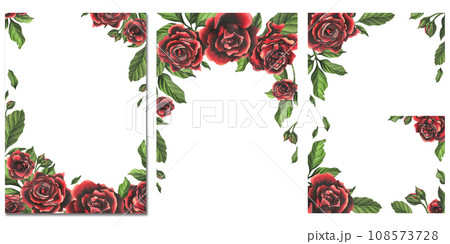 Red-black rose flowers with green leaves and buds, chic, bright, beautiful. Hand drawn watercolor illustration. Set of emplates on a white background, for decoration and design 108573728