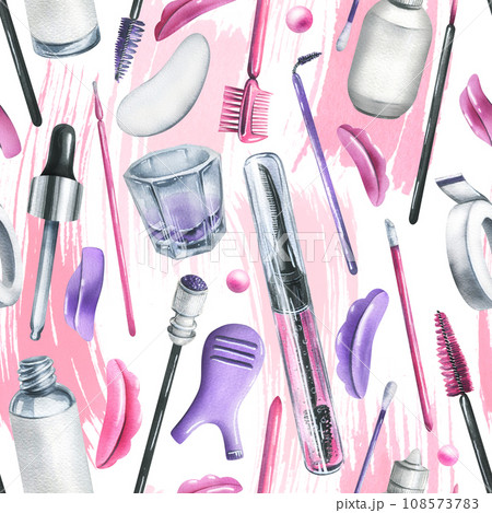 Tools and cosmetics for the master of eyelash and eyebrow extension and lamination. Watercolor illustration, hand drawn. Seamless pattern on a pink background. For packaging, branding, fabrics. Tools and cosmetics for the master of eyelash and eyebrow extension and lamination. Watercolor illustration, hand drawn. Seamless pattern on a pink background. For packaging, branding, fabrics. 108573783