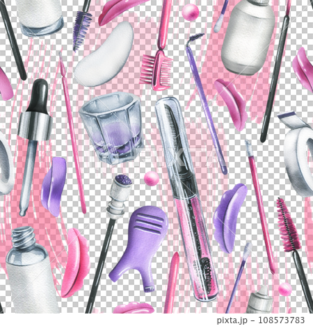 Tools and cosmetics for the master of eyelash and eyebrow extension and lamination. Watercolor illustration, hand drawn. Seamless pattern on a pink background. For packaging, branding, fabrics. Tools and cosmetics for the master of eyelash and eyebrow extension and lamination. Watercolor illustration, hand drawn. Seamless pattern on a pink background. For packaging, branding, fabrics. 108573783