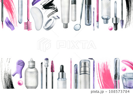 Tools and cosmetics for the master of eyelash and eyebrow extension and lamination. Watercolor illustration, hand drawn. Frame, template on a white background Tools and cosmetics for the master of eyelash and eyebrow extension and lamination. Watercolor illustration, hand drawn. Frame, template on a white background 108573784