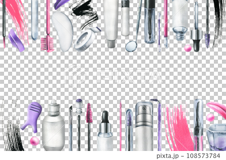 Tools and cosmetics for the master of eyelash and eyebrow extension and lamination. Watercolor illustration, hand drawn. Frame, template on a white background 108573784