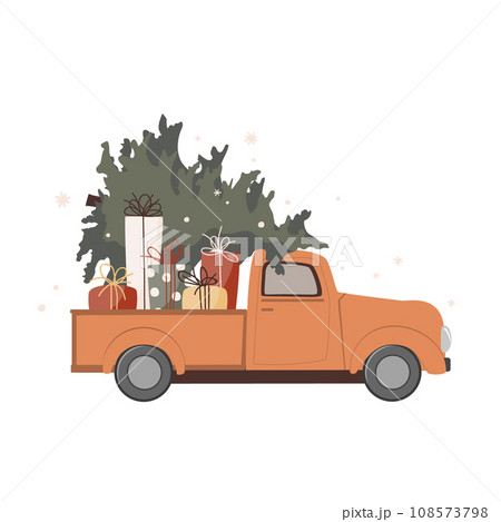 Christmas orange retro truck with a Christmas tree and gift boxes pile on a white background. Vintage pickup truck with a fir tree, vector illustration 108573798