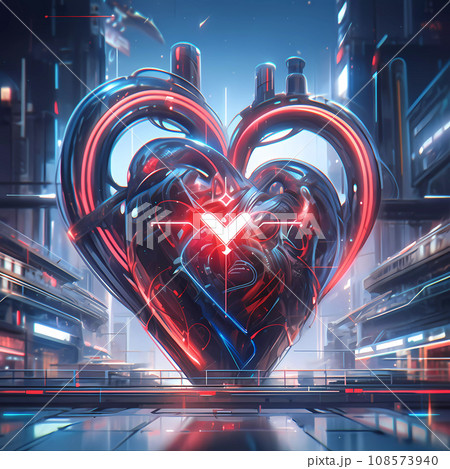 Cyberpunk Retro Futuristic Heart with Neon Lights Cyberpunk Retro Futuristic Heart with Neon Lights 108573940