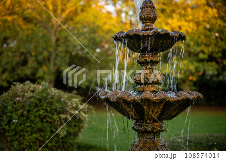 Fountain in a park with the setting sun illuminating the background trees. Detail view. 108574014