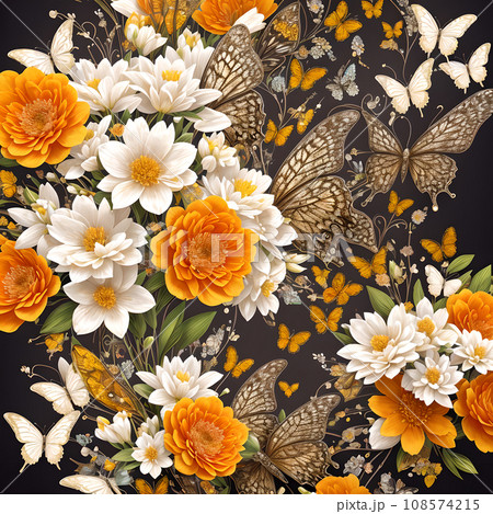 floral butterfly orange realistic background...のイラスト素材 [108574215] - PIXTA
