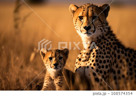 Lovely cheetah family, mother with a cheetah cub sitting looking at the camera, in savanna grassland. Generative AI 108574354
