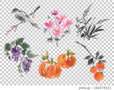 水墨風格的秋季插畫素材集 108574521