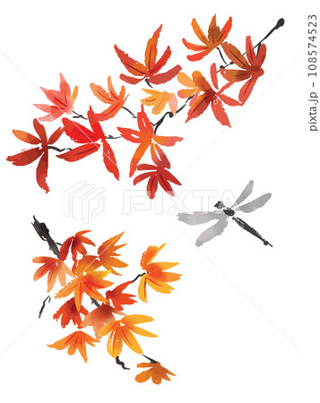 水墨画風の紅葉とトンボのイラストのイラスト素材 [108574523